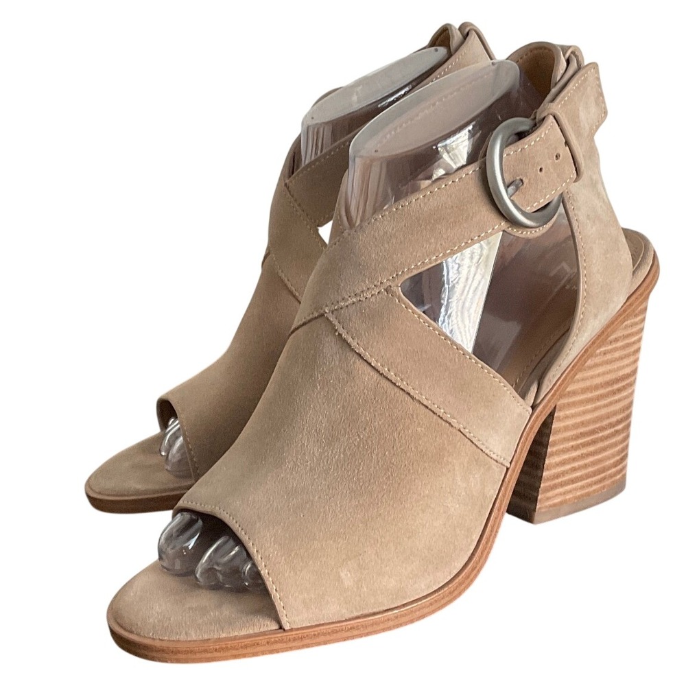 Marc‎ Fisher LTD Tim Beige Tan Suede Open Toe Buckle Block Heel Booties 7.5M
